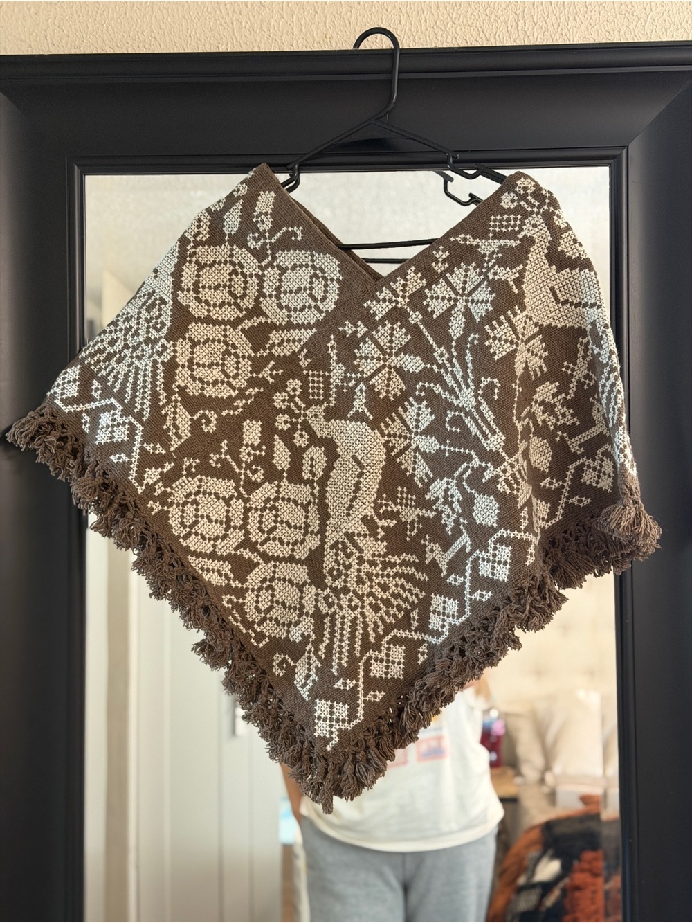 Embroidered MexicanPoncho/ Mañanita Handwoven Taupe Brown and Cream